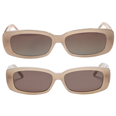 sunglasses, rectangle silhouette, brown frame, wide face, midi wide face petite, slightly wider than standard, mini, slightly smaller than standard - shown in wide and midi sizing with wide on top and midi below