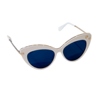Barbie women's cat eye sunglasses with blue lenses, white frame and gold accents.