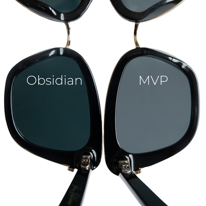 Two pairs of sunglasses, one labeled "MVP" and one labeled "Obsidian".