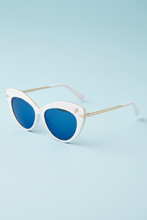 Cat-eye sunglasses with blue lenses on a light blue background