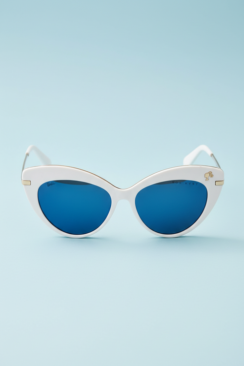 Barbie women's cat eye sunglasses with blue tinted lenses and a white frame - front view.