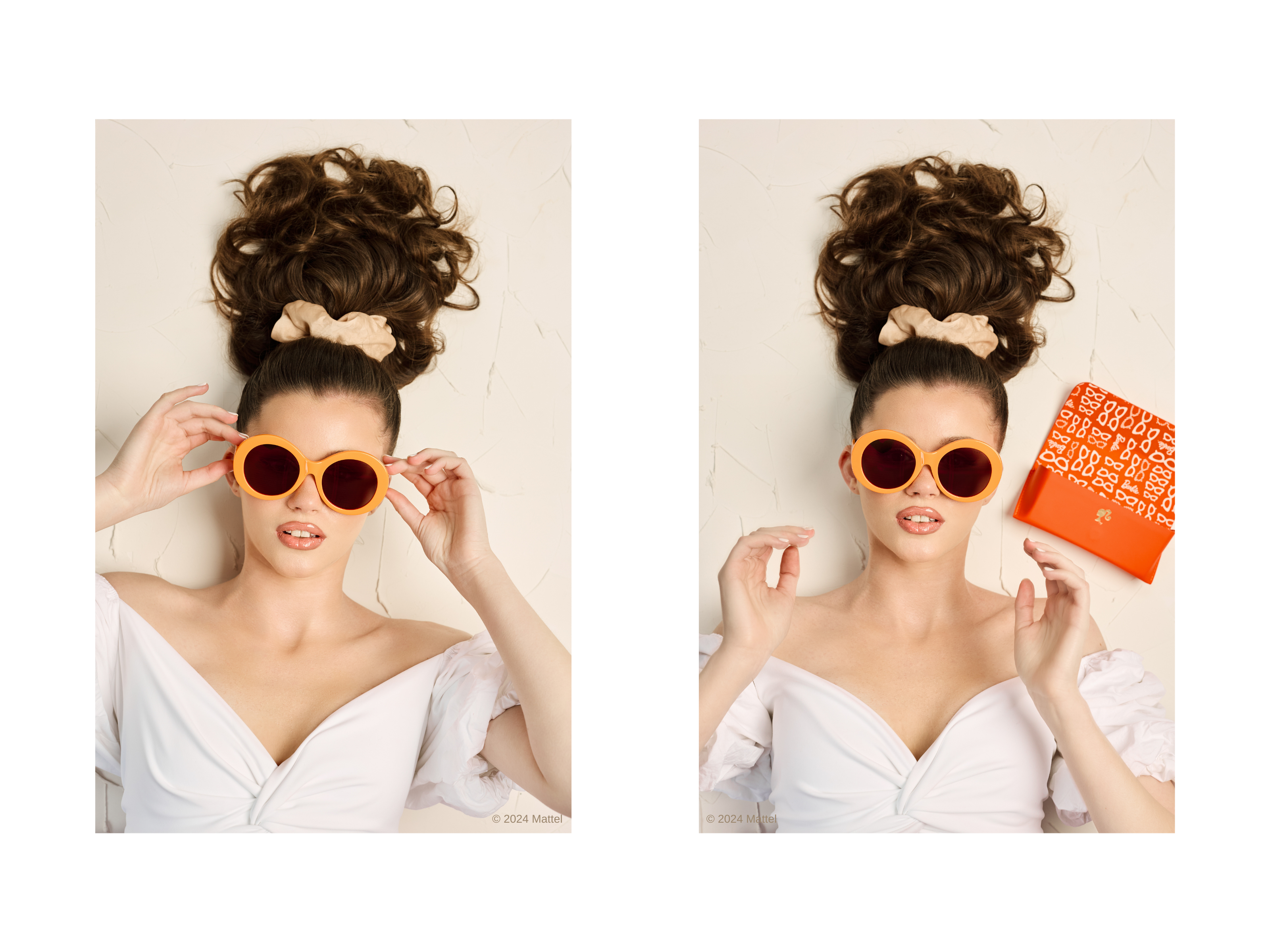 Two images of model in a white dress wearing Sol Kyst round sunglasses. One featuring a matching case.