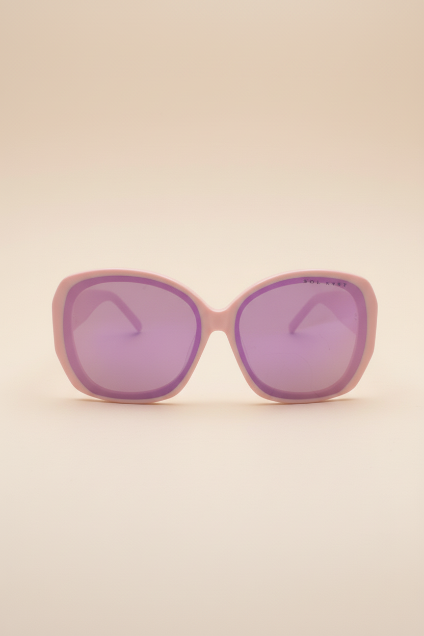 Front view of Sol Kyst oversized sunglasses with, pink acetate frames, and purple nylon lenses.