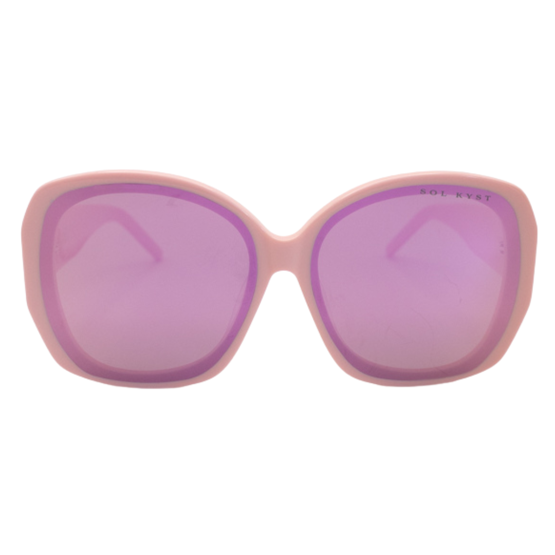Front view of Sol Kyst oversized sunglasses with, pink acetate frames, and purple nylon lenses.