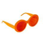 Barbie Sol Kyst round orange sunglasses with red-tinted lenses, shown at an angled view.