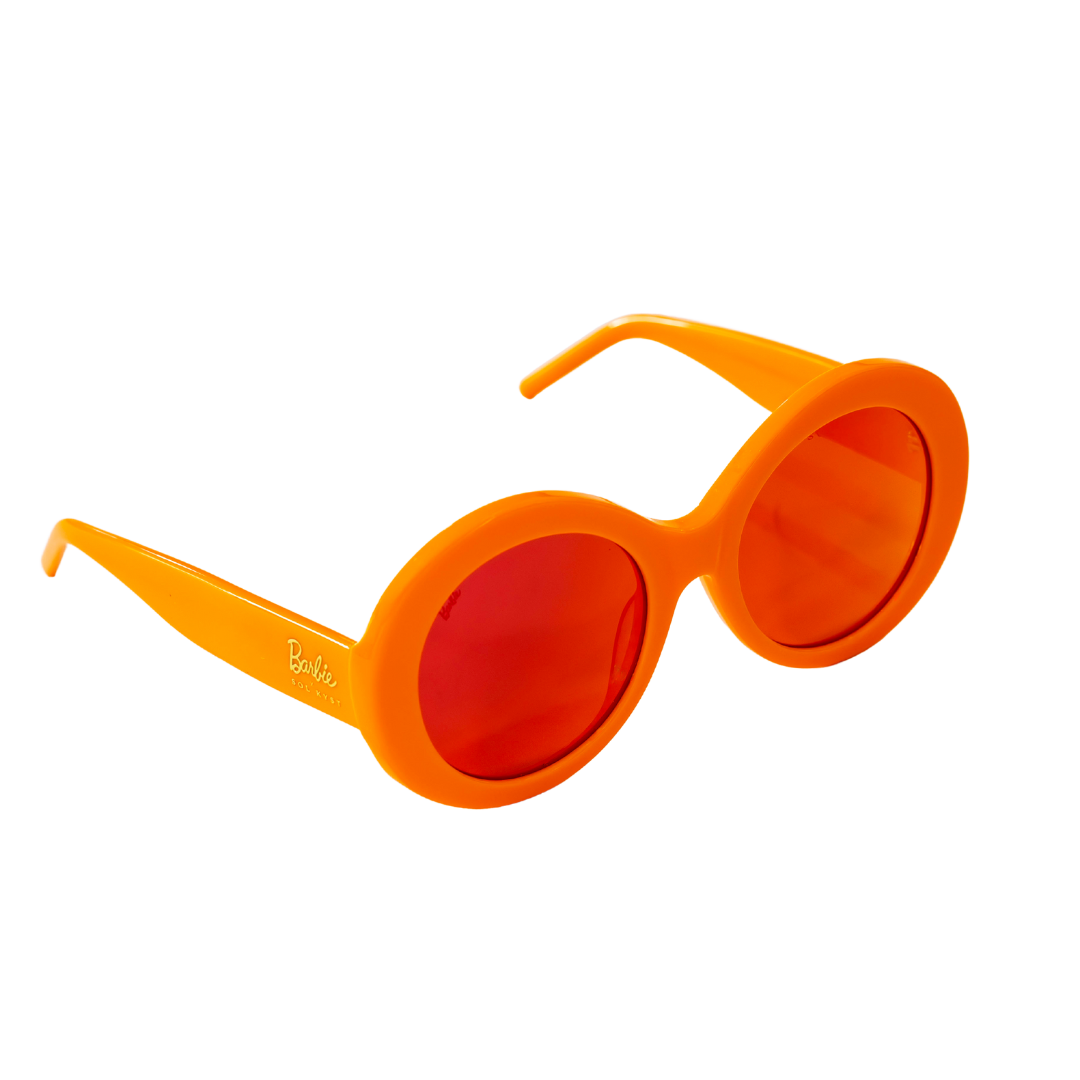 Barbie Sol Kyst round orange sunglasses with red-tinted lenses, shown at an angled view.