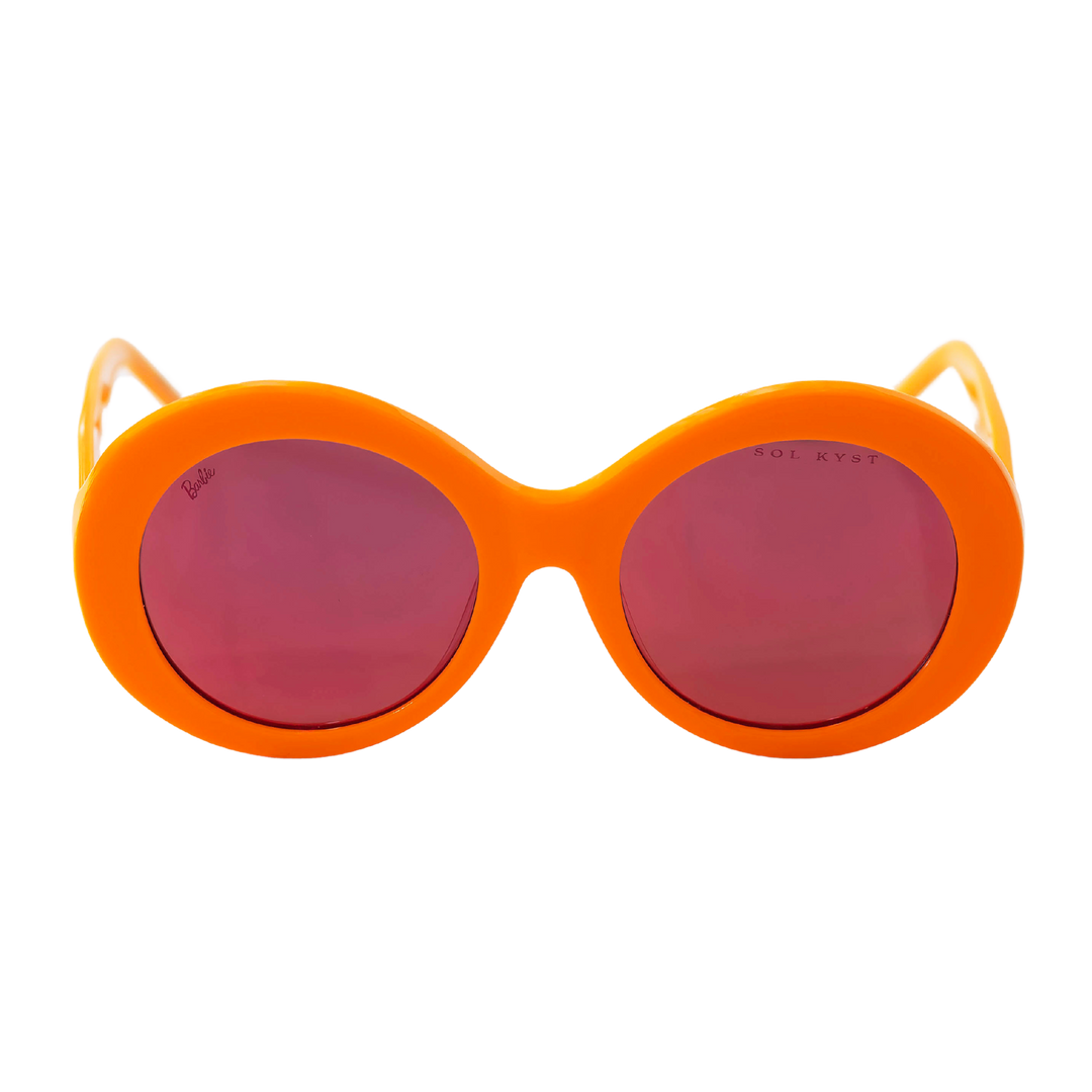 Barbie Sol Kyst women's round sunglasses with orange frames and pink tinted lenses - front view.