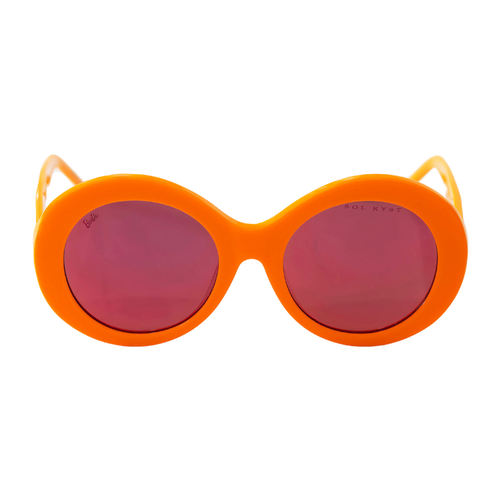 Barbie Sol Kyst women's round sunglasses with orange frames and pink tinted lenses - front view.