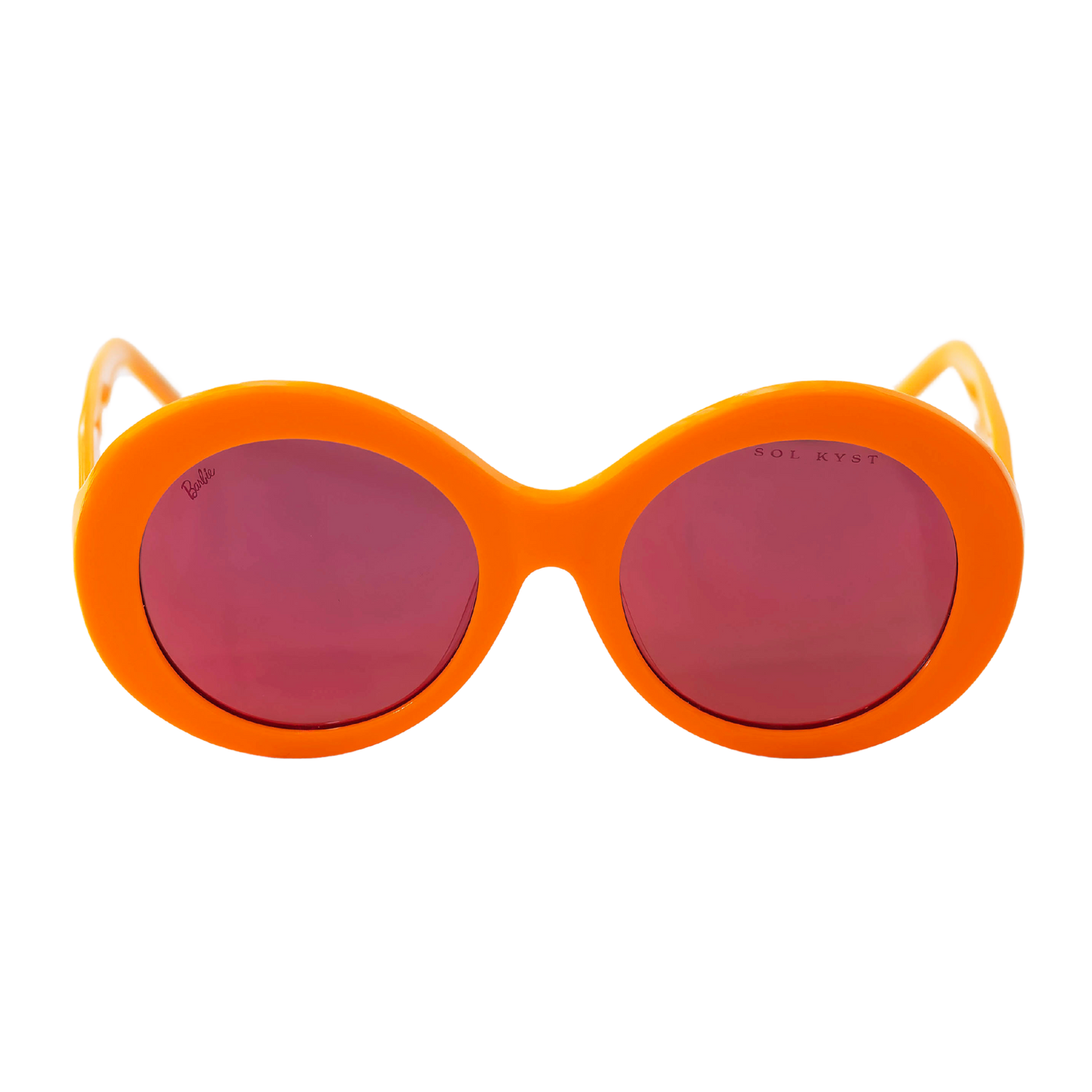 Barbie Sol Kyst women's round sunglasses with orange frames and pink tinted lenses - front view.
