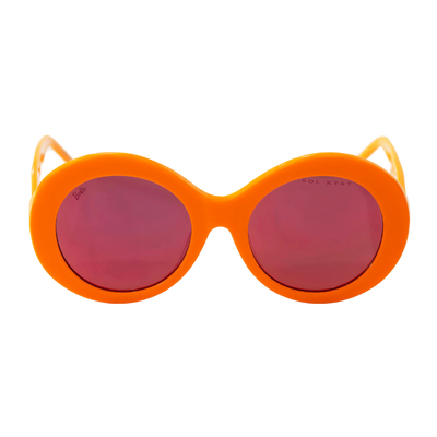 Barbie Sol Kyst women's round sunglasses with orange frames and pink tinted lenses - front view.