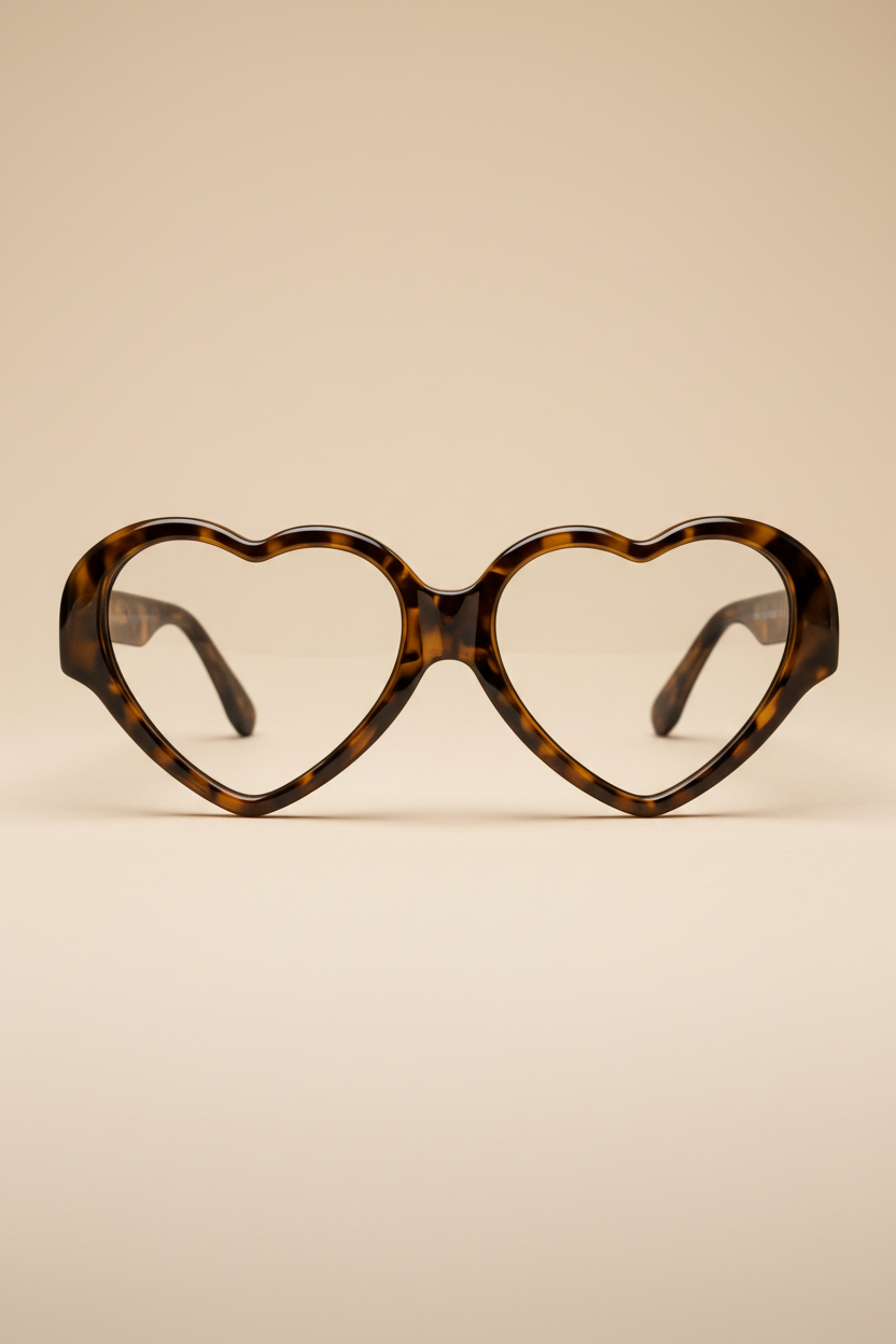 Heart-shaped eyeglasses with tortoiseshell frame on a beige background