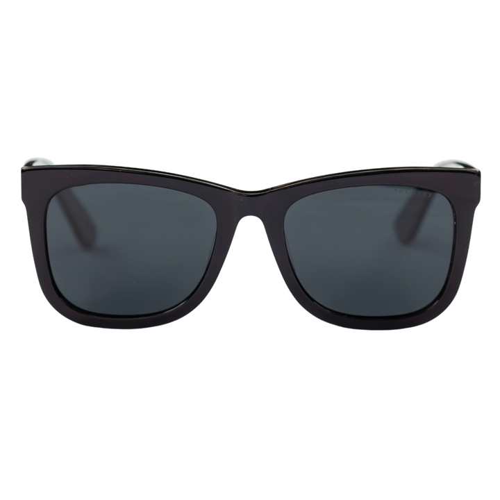 Sol Kyst women's square sunglasses with black frames and dark tinted lenses - front view.