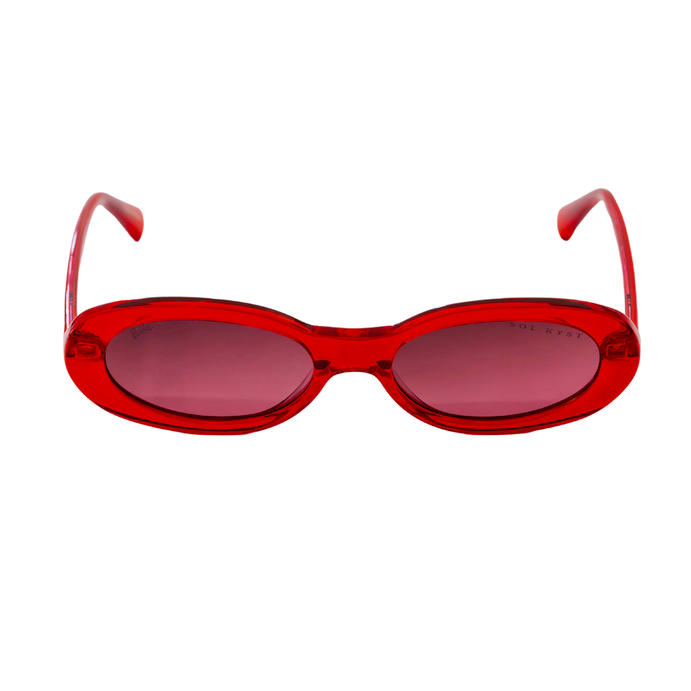 Barbie women's oval sunglasses with red frames and pink-tinted lenses - front view.
