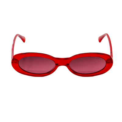 Barbie women's oval sunglasses with red frames and pink-tinted lenses - front view.