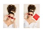 Model wearing Barbie red oval sunglasses, styled with a white top and a red patterned case nearby.
