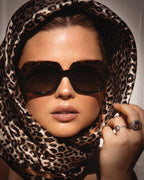 Person wearing a leopard print headscarf and sunglasses with a neutral background