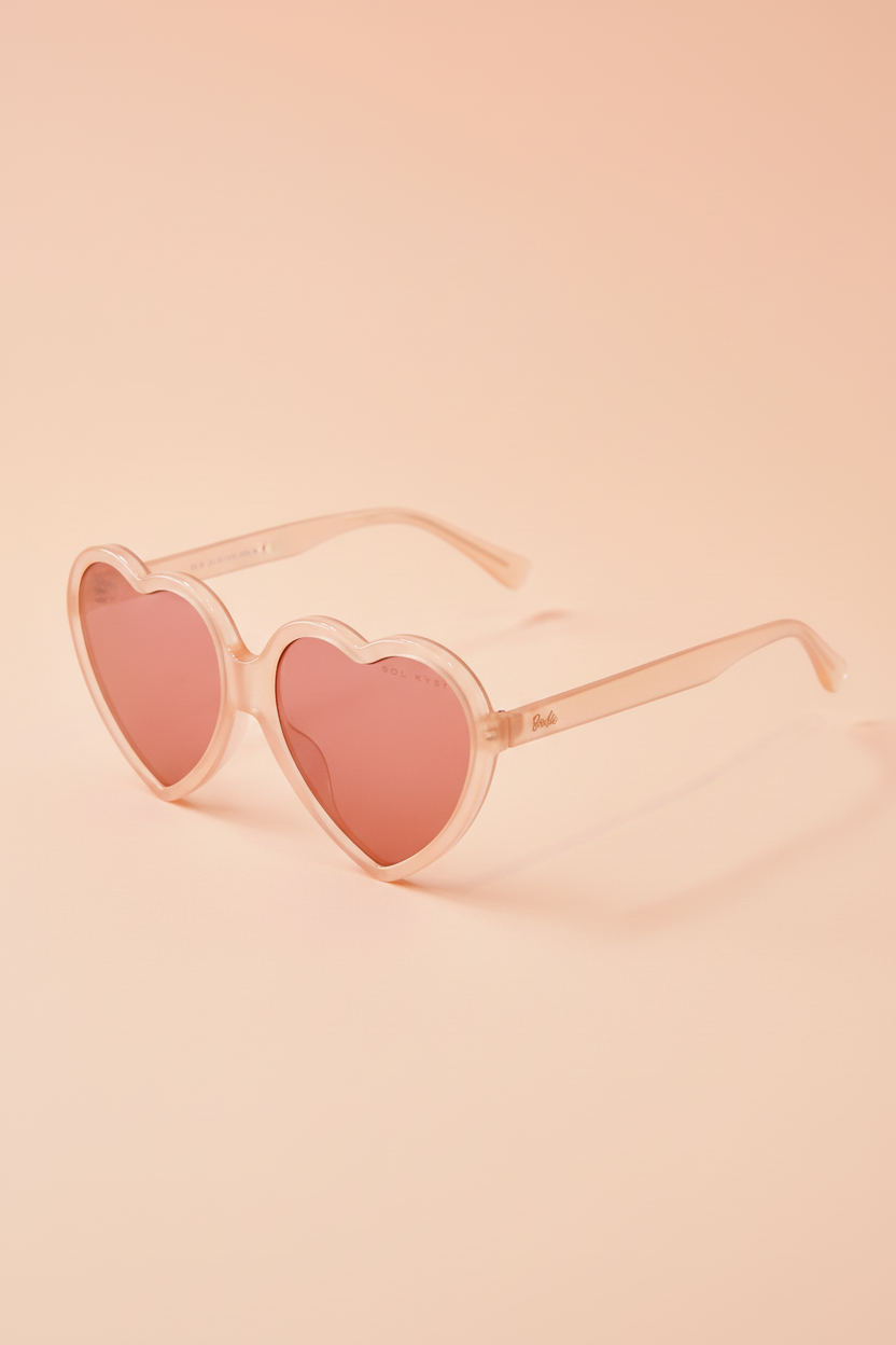 Heart-shaped sunglasses with a pink tint on a peach background