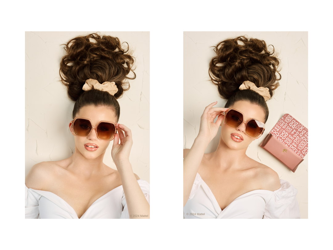 Side-by-side images of a woman wearing hexagonal sunglasses with brown lenses, styled with a high ponytail and a scrunchie on a beige surface.