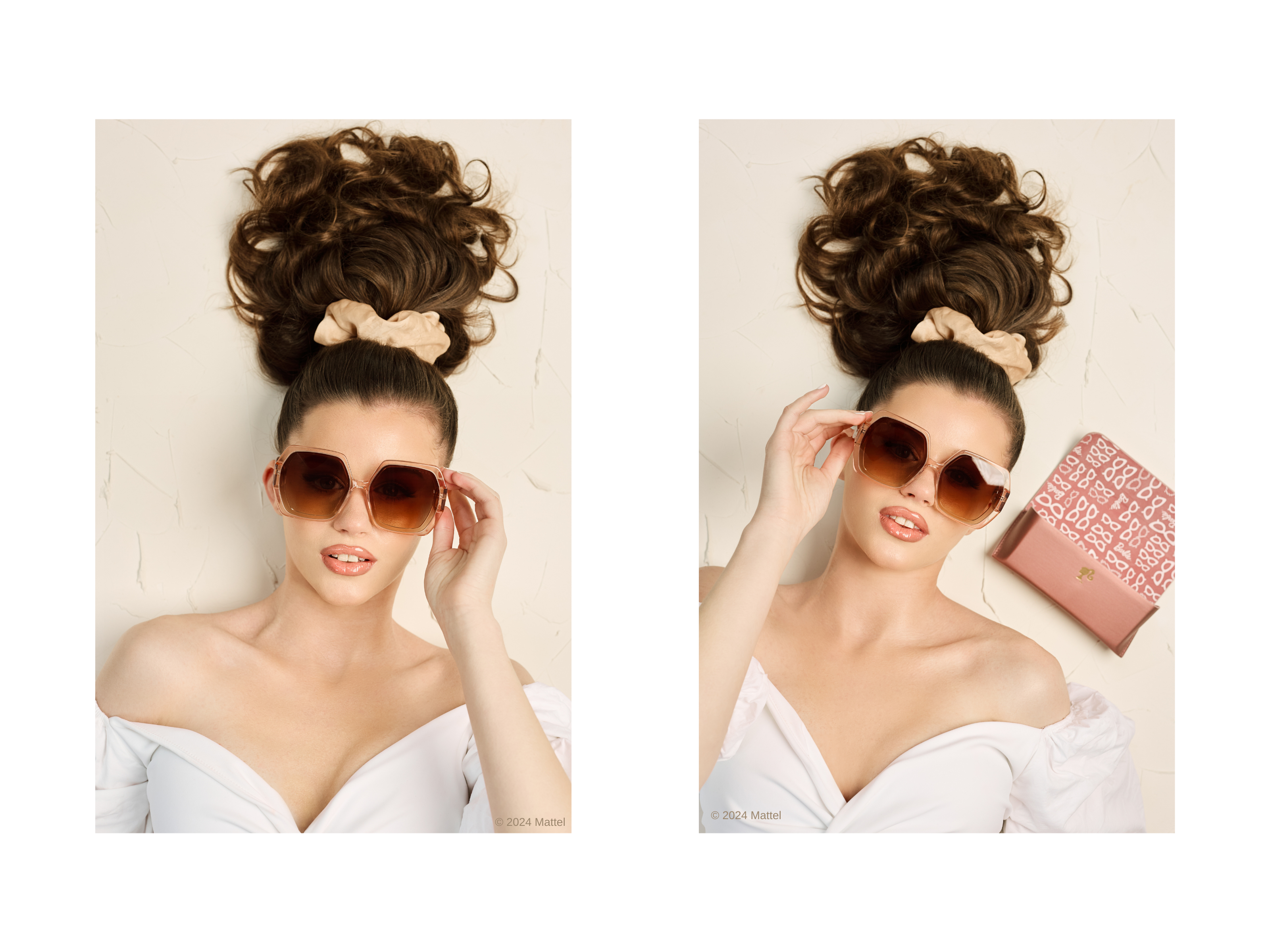 Side-by-side images of a woman wearing hexagonal sunglasses with brown lenses, styled with a high ponytail and a scrunchie on a beige surface.