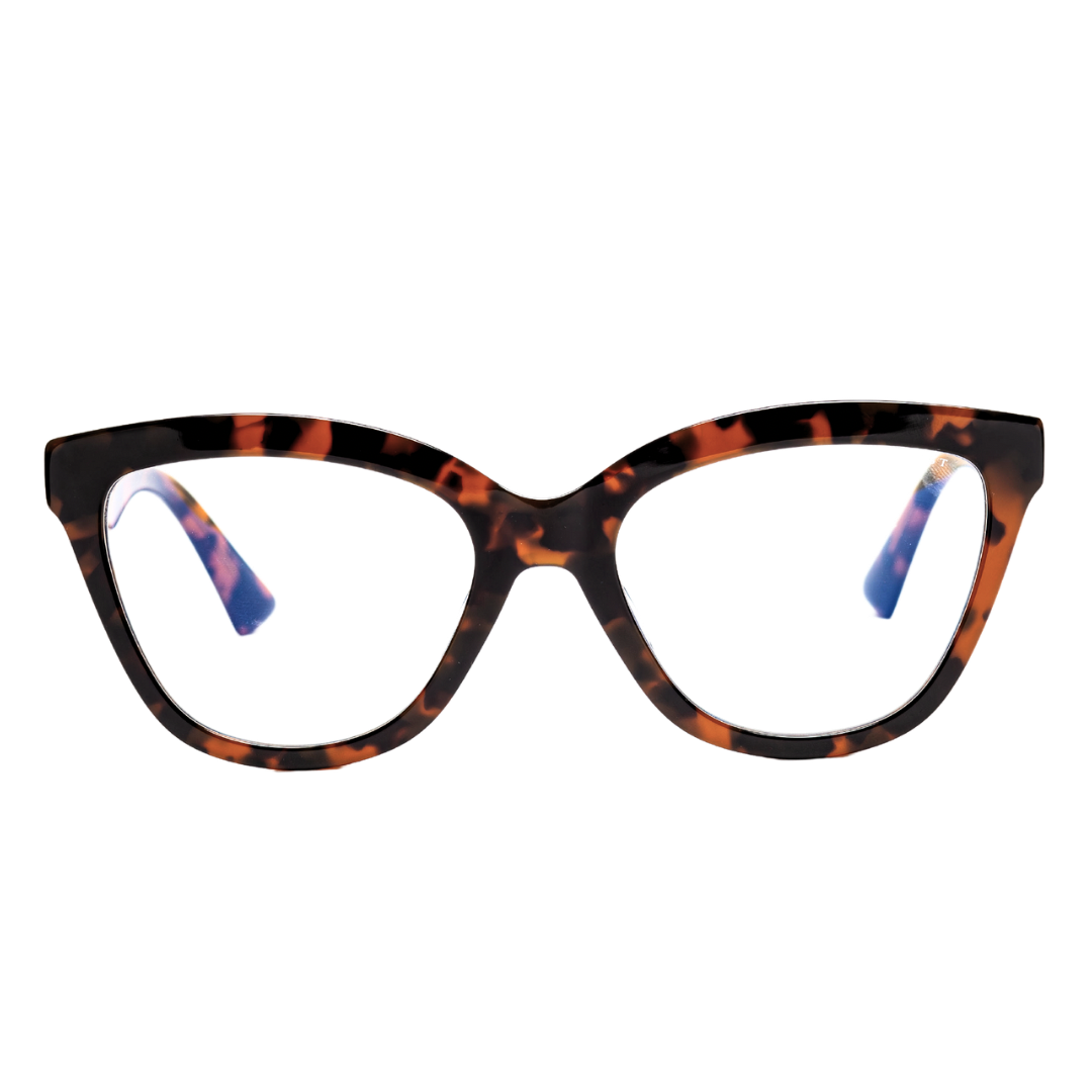 Women's blue light glasses with clear lenses and a tort frame - front view.