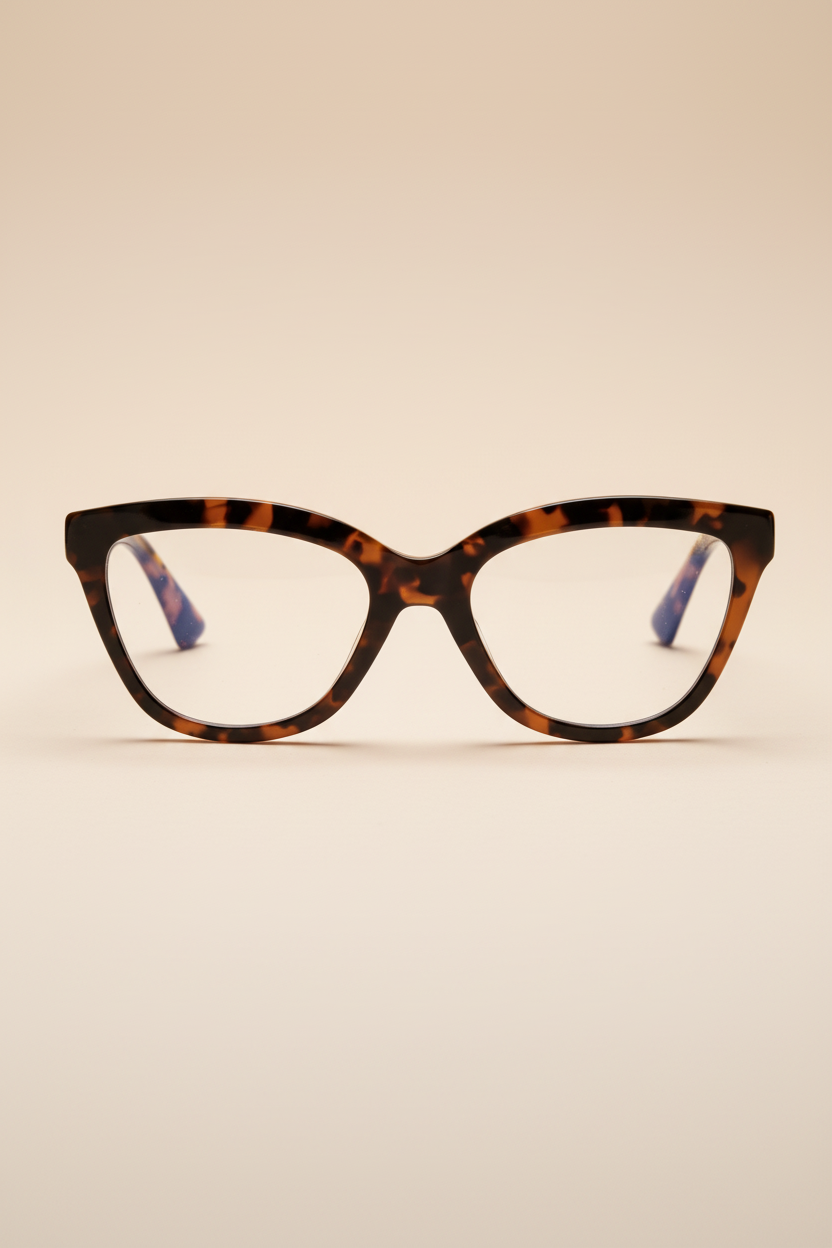 Women's blue light glasses with clear lenses and a tort frame - front view.