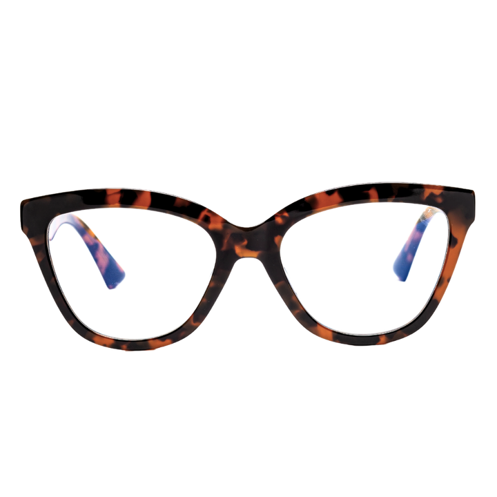 Women's blue light glasses with clear lenses and a tort frame - front view.