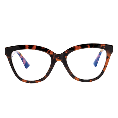 Women's blue light glasses with clear lenses and a tort frame - front view.
