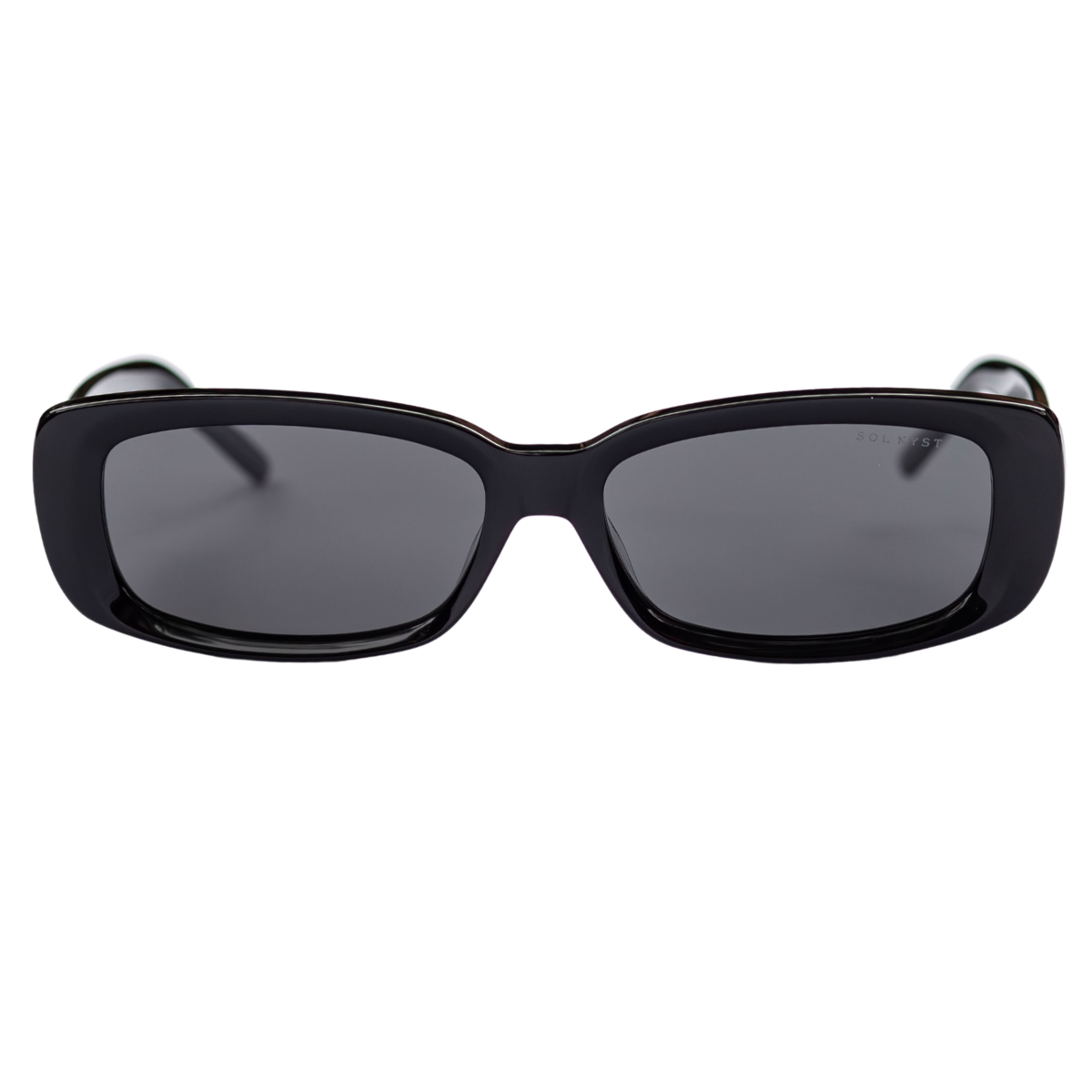 Sol Kyst women's rectangle sunglasses with black frames and dark tinted lenses - front view.