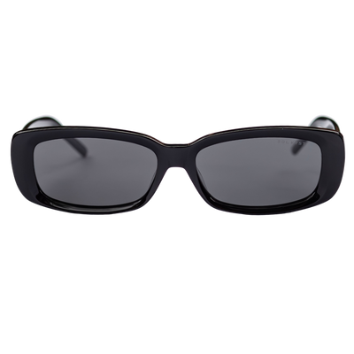Sol Kyst women's rectangle sunglasses with black frames and dark tinted lenses - front view.