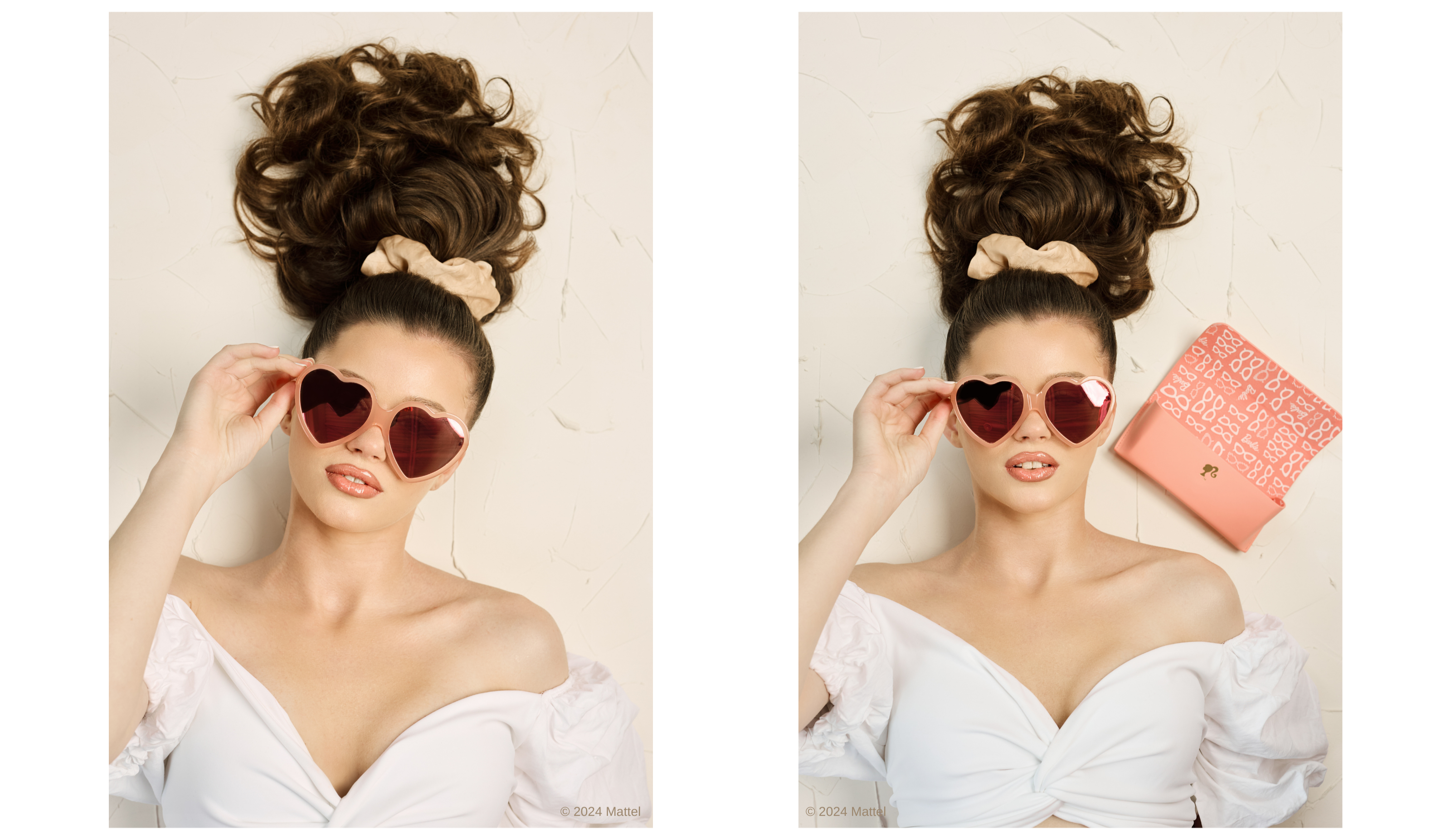 Woman wearing Barbie x Sol Kyst heart-shaped sunglasses with peach-pink lenses and a matching pink case.