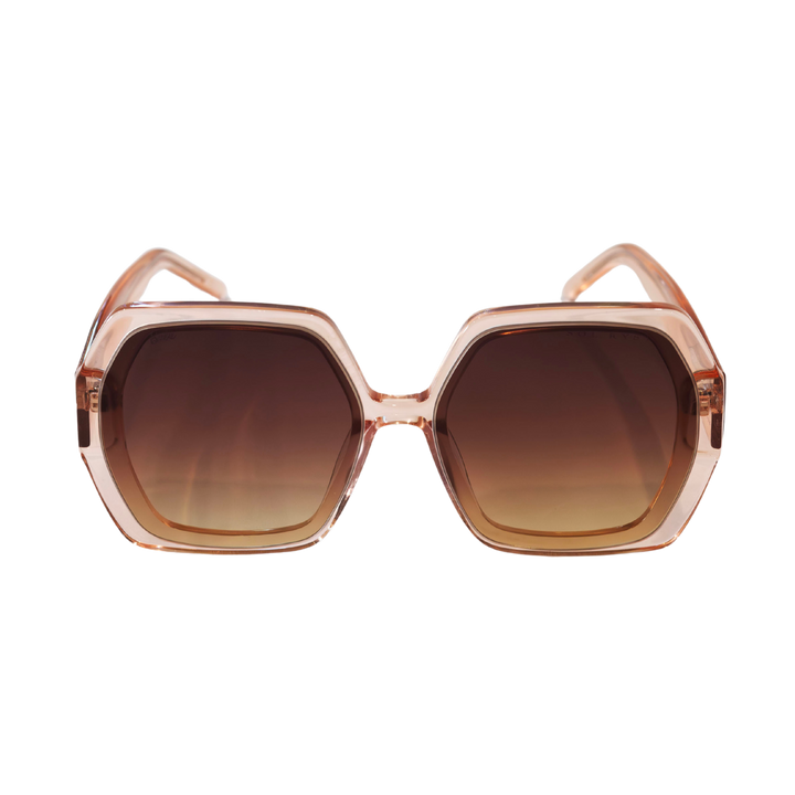 Barbie Sol Kyst women's hexagonal sunglasses with brown frames and brown tinted lenses - front view.