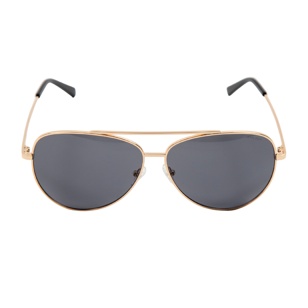 sunglasses, aviator silhouette, wide face sunglasses, gold metal frame, smoky lens, black ear piece 