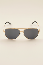 sunglasses, aviator silhouette, wide face sunglasses, gold metal frame, smoky lens, black ear piece 