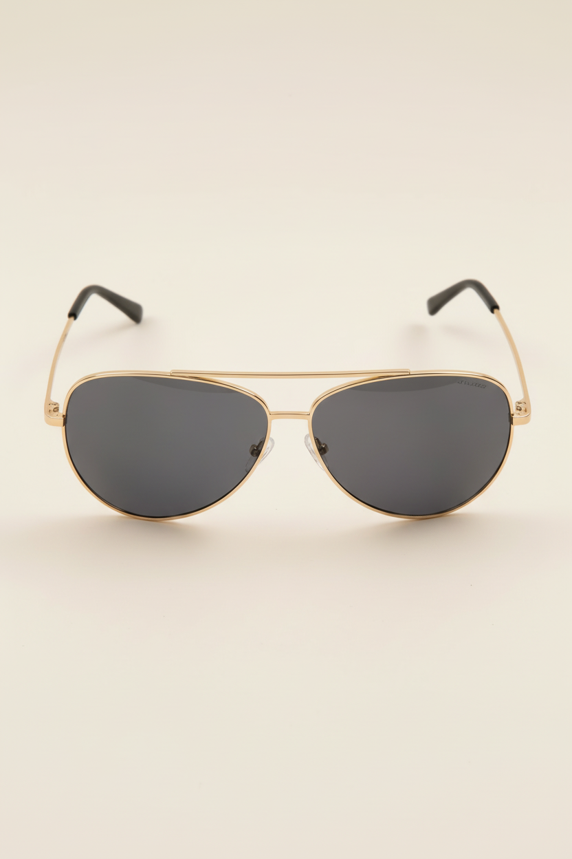 sunglasses, aviator silhouette, wide face sunglasses, gold metal frame, smoky lens, black ear piece 