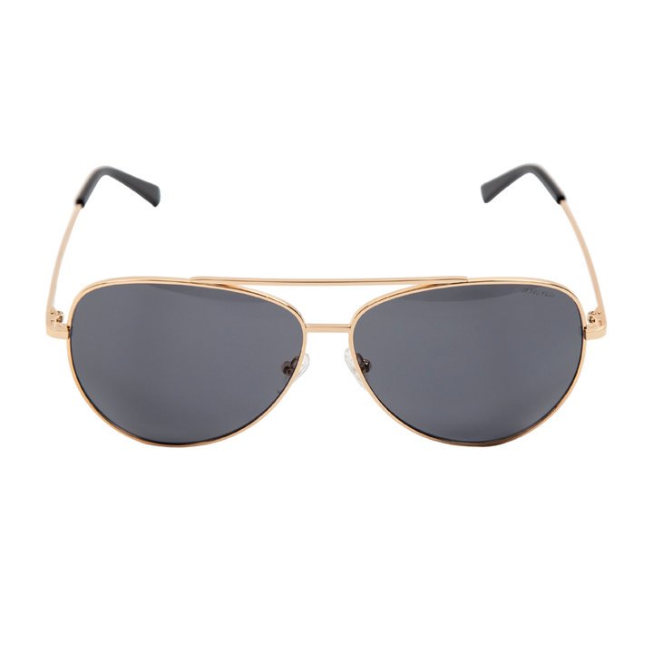 sunglasses, aviator silhouette, wide face sunglasses, gold metal frame, smoky lens, black ear piece 