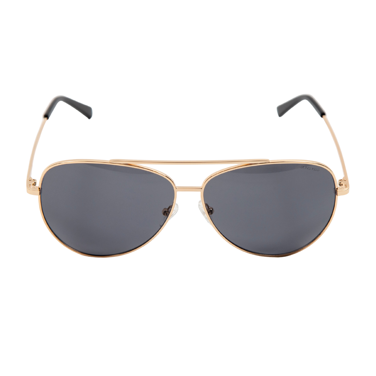 sunglasses, aviator silhouette, wide face sunglasses, gold metal frame, smoky lens, black ear piece 