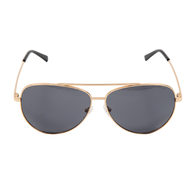 sunglasses, aviator silhouette, wide face sunglasses, gold metal frame, smoky lens, black ear piece 