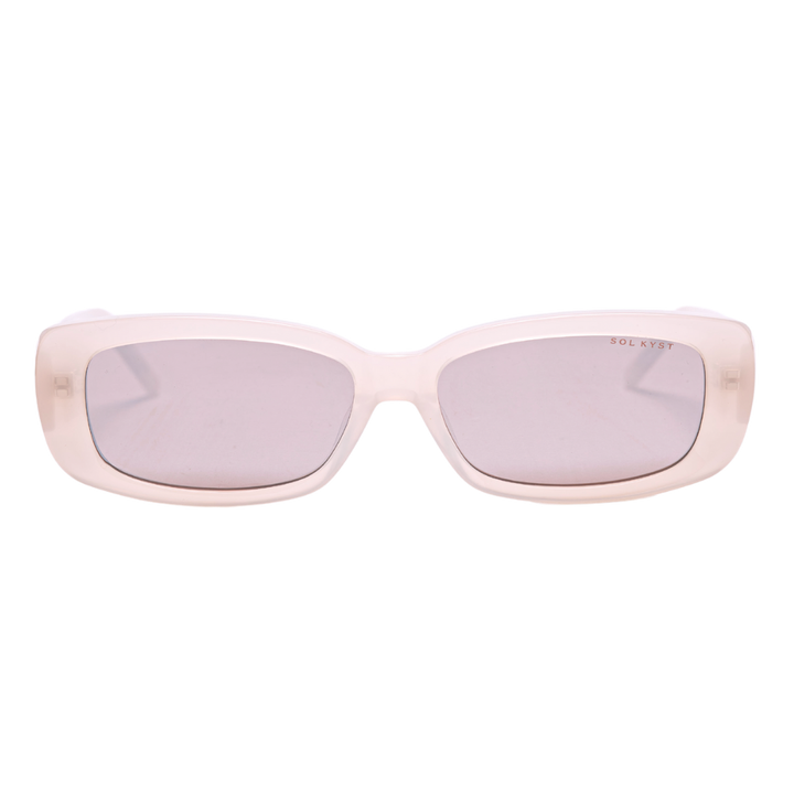 Sol Kyst womnen's rectangle sunglasses with pink frames and pink tinted lenses - front view.