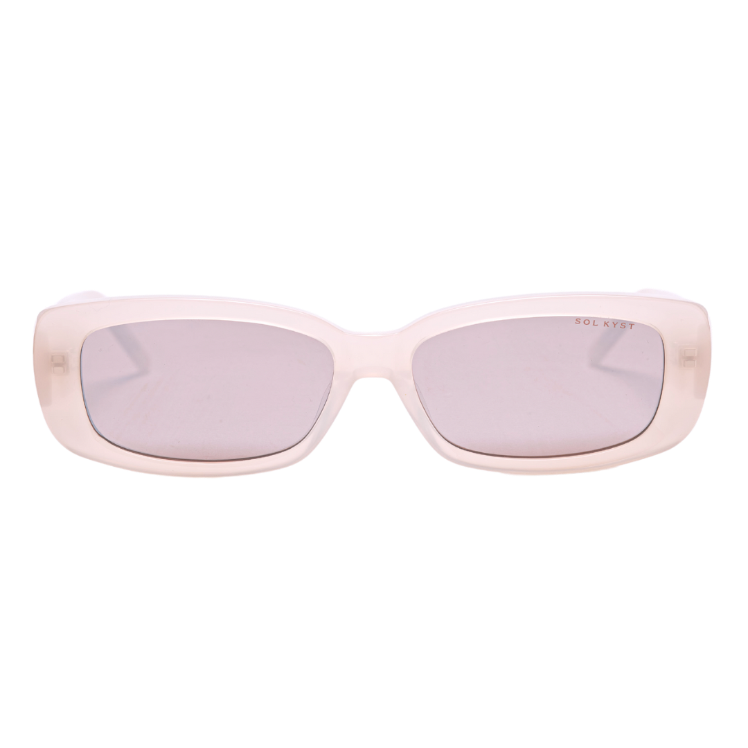 sunglasses, rectangle silhouette, champagne frame, pink lens. wide face sunglasses