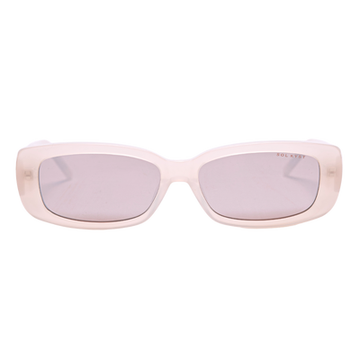 sunglasses, rectangle silhouette, champagne frame, pink lens. wide face sunglasses