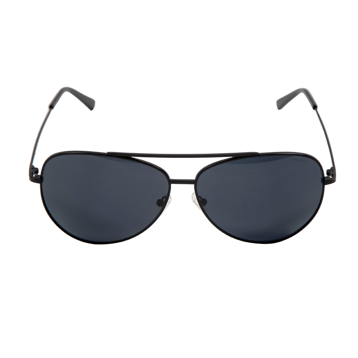 sunglasses, aviator silhouette, wide face sunglasses, black metal frame, black lens, black ear piece