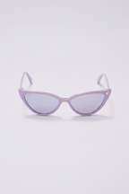 Barbie cat eye sunglasses, with purple tinted lenses and purple frame - front view.