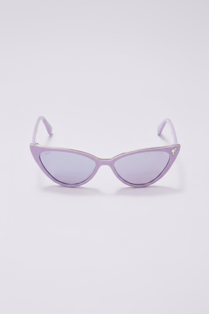 Barbie cat eye sunglasses, with purple tinted lenses and purple frame - front view.