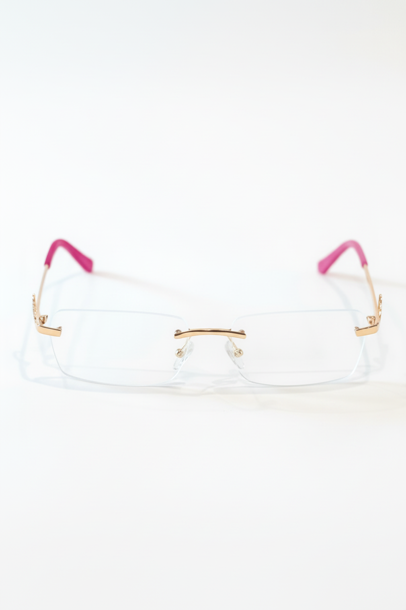 Eyeglasses with pink temple tips on a white background