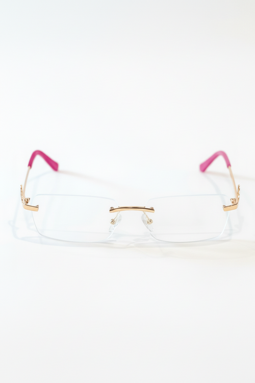 Eyeglasses with pink temple tips on a white background