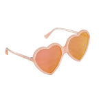 Side angle of peach-pink Barbie x Sol Kyst heart-shaped sunglasses with reflective pink-tinted lenses.