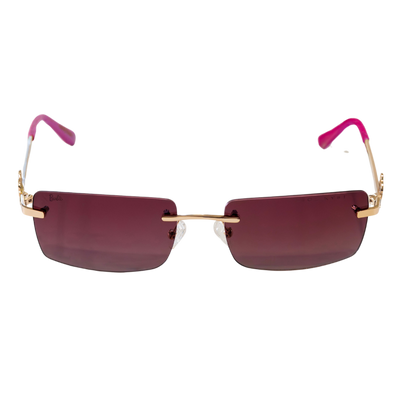 Barbie rimless sunglasses with pink tinted lenses, gold accents, and pink ear tips.