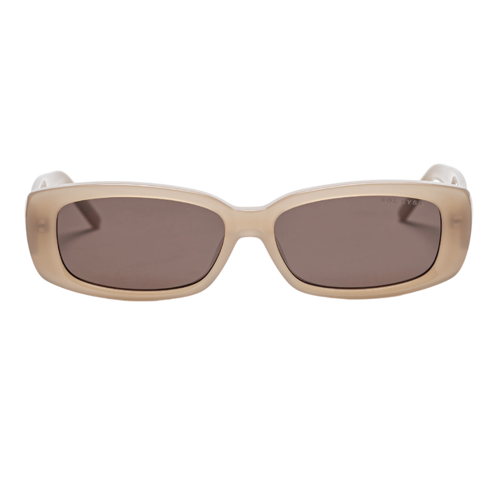 Rectangular women's sunglasses with a beige frame and brown nylon lenses, offering a modern and minimalist design.