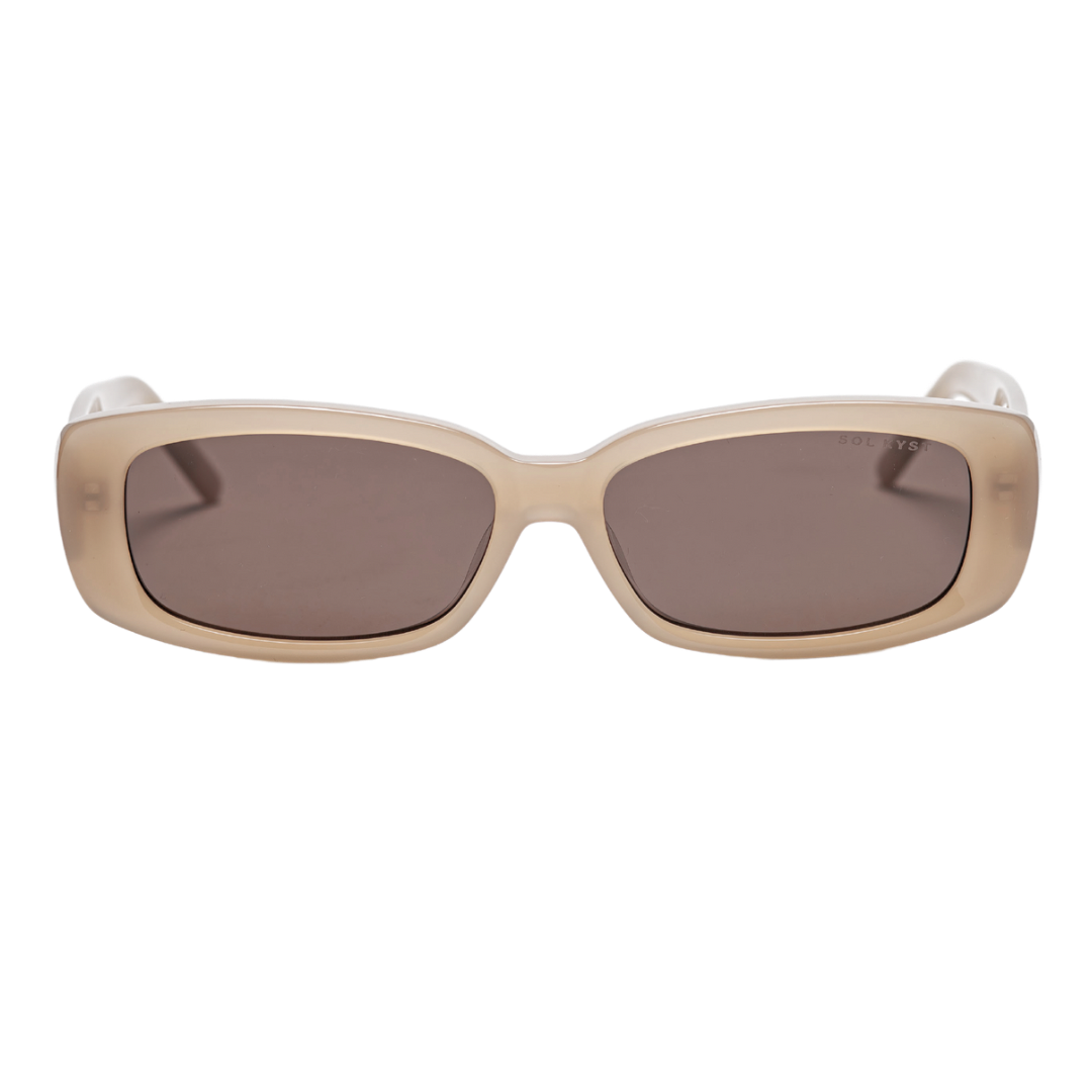Rectangular women's sunglasses with a beige frame and brown nylon lenses, offering a modern and minimalist design.