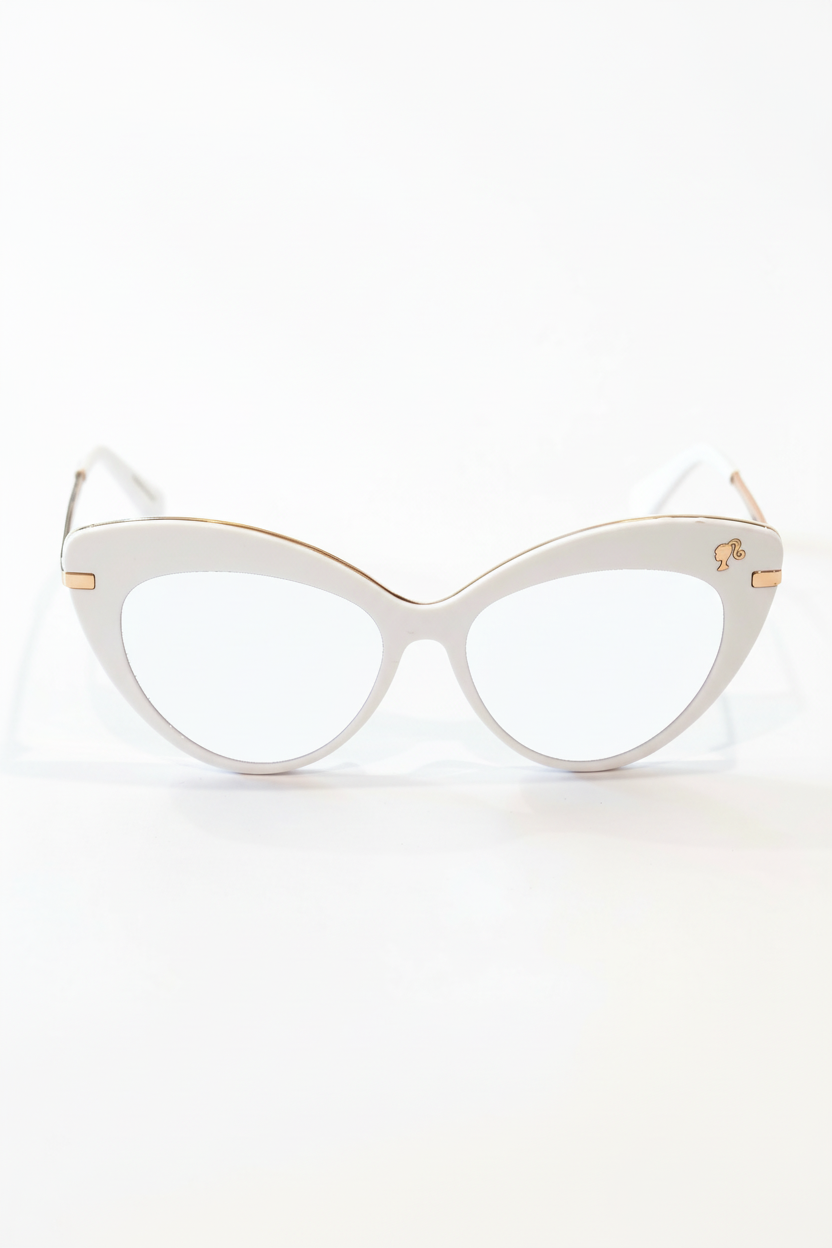 Cat-eye glasses with gold accents on a white background